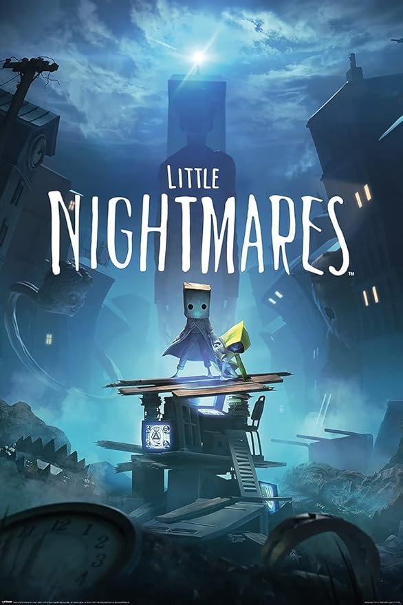 Arte promocional de Little Nightmares, juego de plataformas con criaturas grotescas.