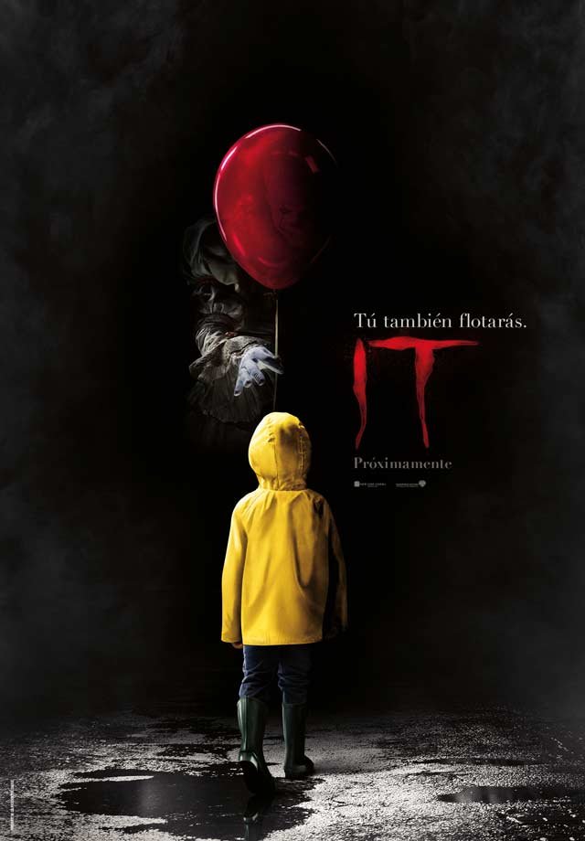 Cartel de la película It (2017) con el payaso Pennywise, terror psicológico y sobrenatural.
